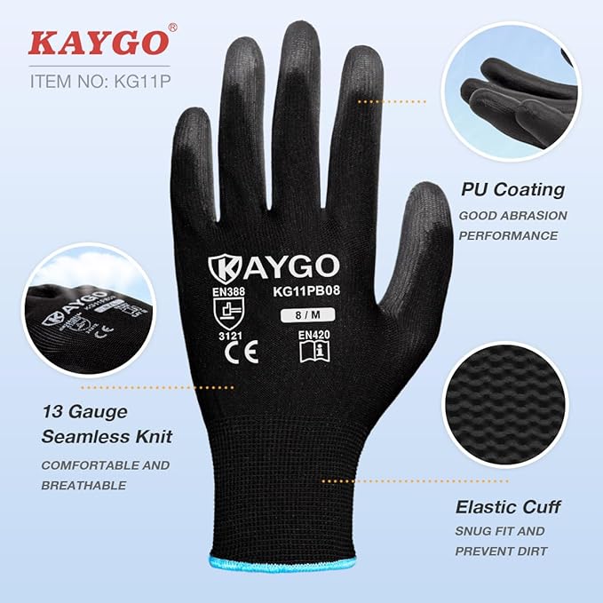 KAYGO Work Gloves for Men and Women,12 Pairs Seamless Knit PU Coated Safety Gloves, with Smooth Grip on Palm and Fingers, Ideal for Light Warehouse, Manufacturing, Gardening, KG11P (2XL, Black)