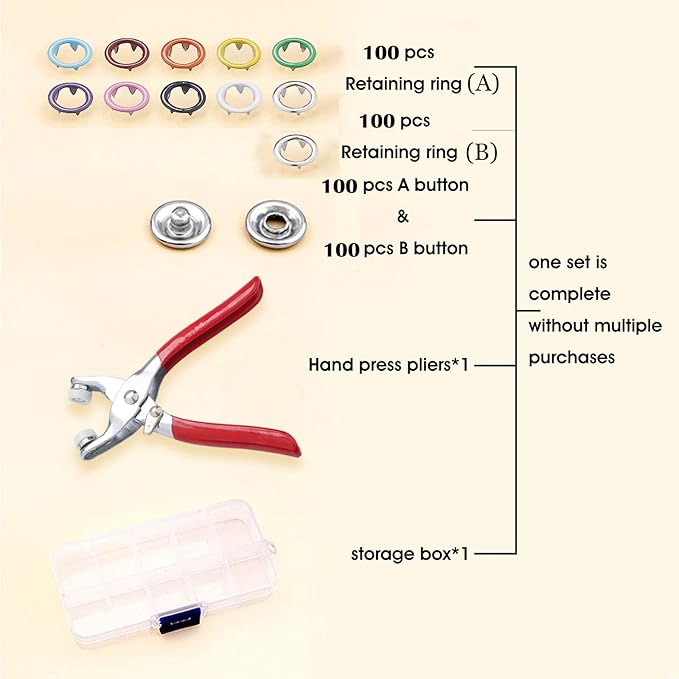 GTAAOY 100 Sets Metal Snaps Buttons with Fastener Pliers Press Tool Kit Perfect for DIY Crafts Clothes Hats and Sewing, Snap Button Fasteners Kit for Clothing Sewing(9.5mm / 400 PCS)