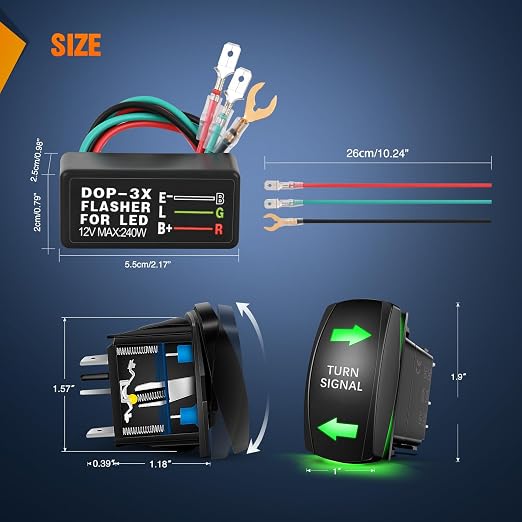 Nilight Turn Signal Switch with Flasher Relay Kit 4PIN ON Off ON Rocker Switches w/Green LED Laser Etched SPDT 12V 20A 24V 10A Jumper Wires for ATV UTV Tractor Motorcycle