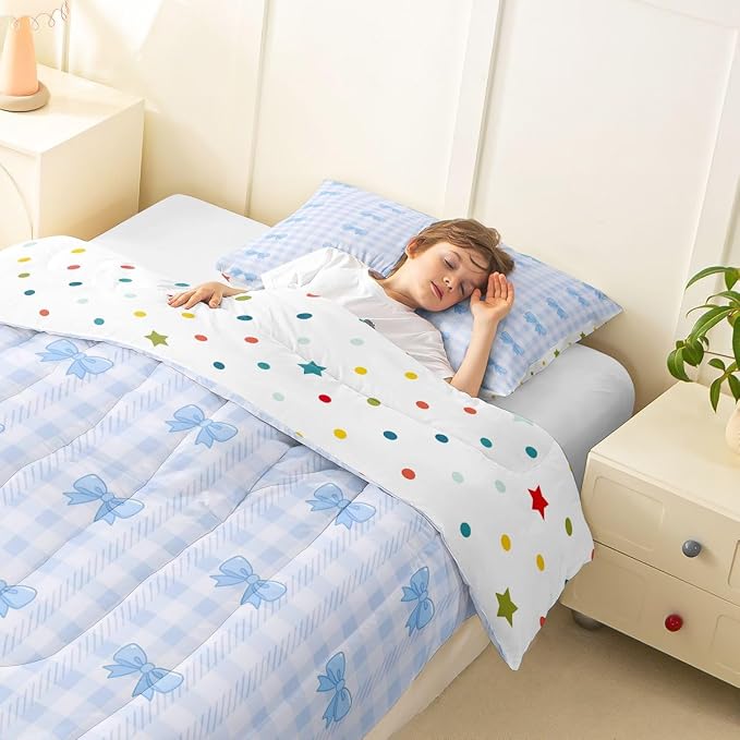 Feelyou Blue Grid Bowknot Bedding Set Soft for Boys Girls, Bow Checkered Comforter Set Toddler Size Princess Duvet Quilt Microfiber Bedroom Decor 2 Pcs with 1 Pillow Cases