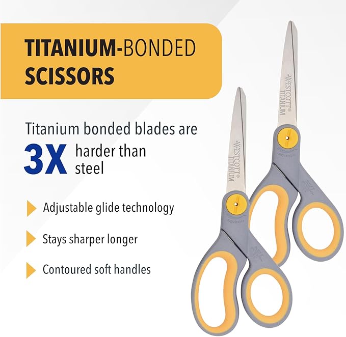 Westcott 8” Titanium Bonded Scissors with Adjustable Glide and Soft Handle, 2-Pack- Durable Multipurpose Scissors for Office, Home, and School Use, Sharp Precision Blades for Everyday Cutting