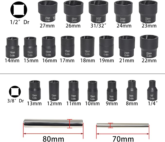 22 Pcs Bolt Nut Extractor Set, 1/2" and 3/8" Drive Wheel Lock Removal Kit | for Extracting Damaged, Stripped Frozen Nuts & Screws Twist Socket Set, Impact Lug Nut Remover Socket Tool