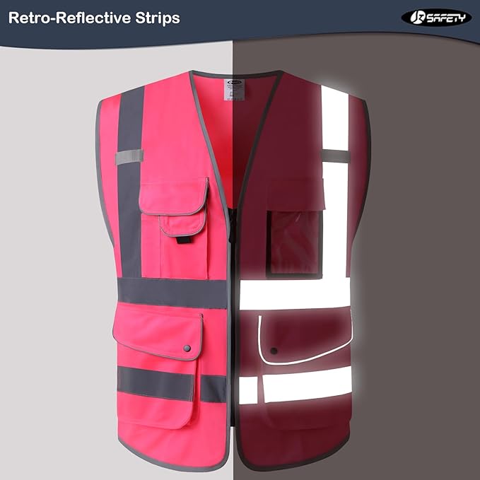 JKSafety 9 Pockets Class 2 High Visibility Zipper Front Safety Vest With Reflective Strips, Meets ANSI/ISEA Standards (XX-Large, 150-Pink)