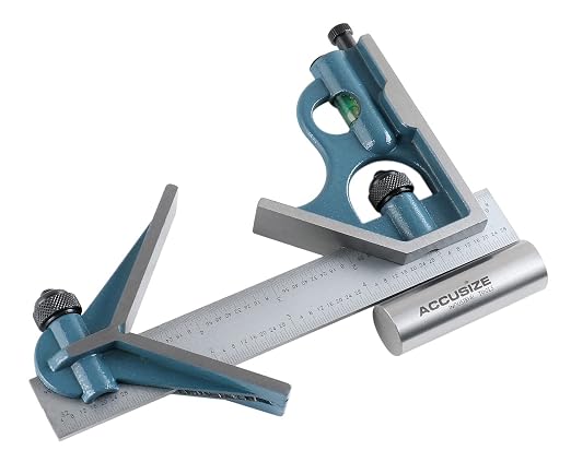 Accusize Industrial Tools 6'' 3 Pc Combination Square Ruler Set Protractor Satin, 4-R Graduation, 0000-8100 | 3 Pc Set, 4R Graduation: 8ths, 16ths, 32nds, 64ths, Satin Chrome Blade