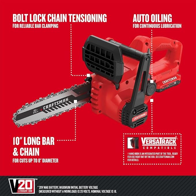 CRAFTSMAN Mini Chainsaw, 10 inch Mini Chainsaw Cordless, Electric Chain Saw, V20 Battery and Charger Included, Handheld Tree Trimmer Wood Cutter (CMCCS610D1)
