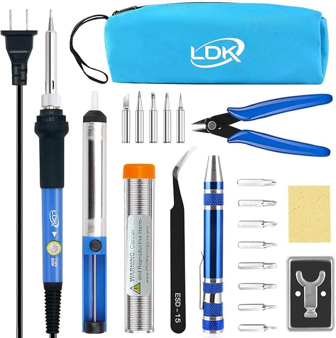 LDK Electric Soldering Iron Kit 60W Adjustable Temperature Welding Tools with 5pcs Different Tips, Desoldering Pump, Solder Wire, 8-in-1 Screwdrivers, Wire Cutter, Tweezers, Stand and Carry Bag