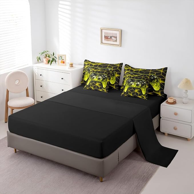 Gaming Consoles Comforter Set 7 Piece Bed in a Bag Twin,Neon Geometric Boys Bedding Set,3D Geometric Gamer Comforter and Sheet Set Yellow Flame Bed Set,Gamer Decor for Boys Bedroom