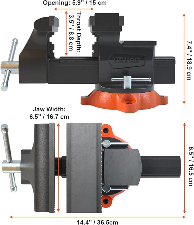 VEVOR Bench Vise, 6.5" Jaw Width 6.5" Forward &9.3" Reverse Opening, 360-Degree Swivel Locking Base Multipurpose Workbench w/Anvil, Heavy Duty Ductile Iron w/Bolts & Nuts, for Drilling, Pipe Cutting