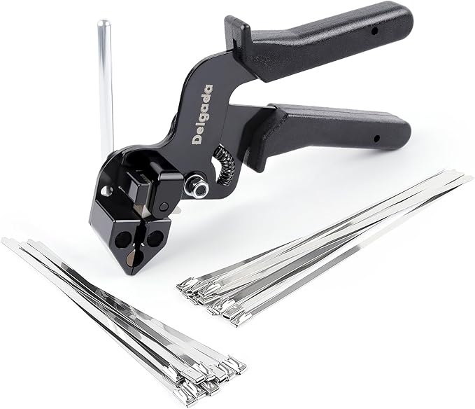 Delgada Metal Zip Tie Tool Stainless Steel Cable Tie Gun Cutter Tool Tightening Kit Tie Wrap Gun with 30PCS Stainless Steel Self-Locking Ties for Chain Link Fence Pipes