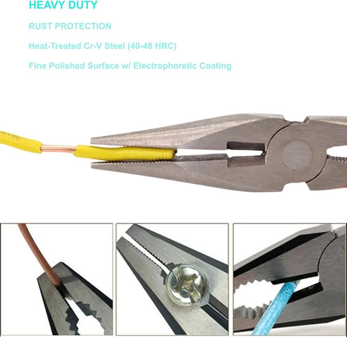 2pcs 6in & 8in Needle Nose Pliers: Paper Clamp Precision, Premium Heavy-Duty CRV Steel, Large Soft Grip with Wire Cutter,Chrome Vanadium Steel Long Nose Cutting Pliers