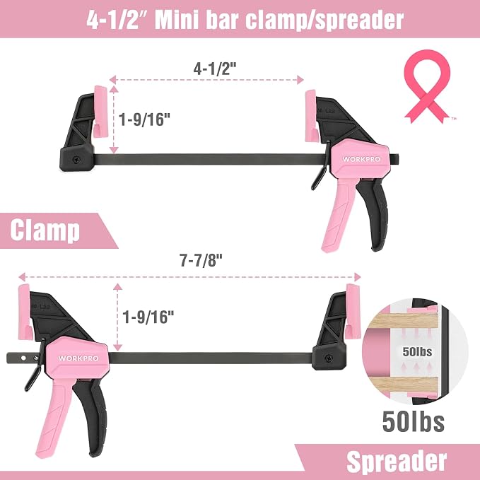 WORKPRO Mini Bar Clamps for Woodworking, 6"(2) and 4-1/2"(2), 4-Piece One-Handed Clamp/Spreader, Light-Duty Quick-Change F Clamp with 150lbs Load Limit - Pink Ribbon