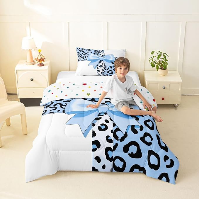Feelyou Leopard Print Kids Comforter Set Twin Size Blue Leopard Bow Bedding Set Animal Fur Duvet Quilt for Kids Boys Girls Bedroom Decor Microfiber Ultra Soft Breathable
