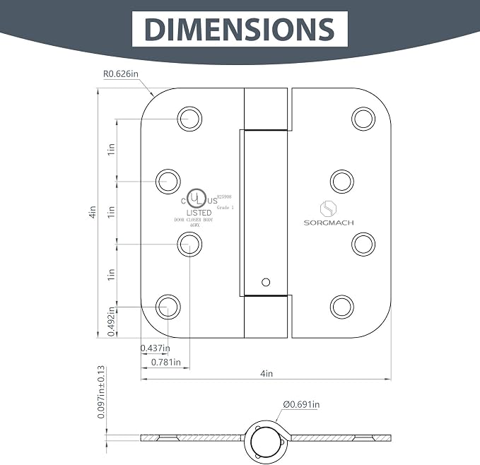 Self Closing Hinge Satin Brass Auto Close Hardware Hinge Outlet Adjustable Spring Hinges Satin Hinges 5/8" Radius Corner for Commercial Grade Self-Closing, UL Listed 3 Pack