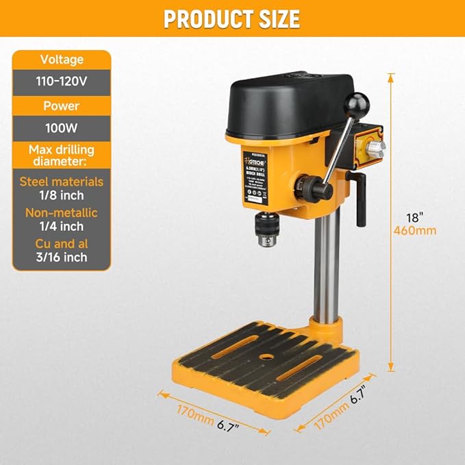 Hoteche Variable Speed Mini Benchtop Drill Press with 1/4-Inch Chuck, 170mm Work Table & 23mm Spindle Travel - Precision Tabletop Drilling Machine for Wood, Metal, Plastic & DIY Projects