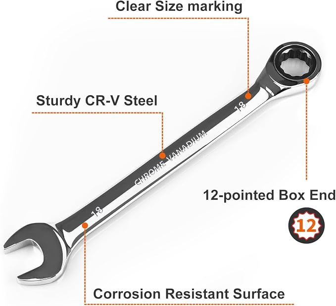 Egofine 18mm Ratcheting Combination Wrench Metric, Industrial Grade Gear Spanner with 12-Point Design, 72-Tooth Ratchet, Chrome Vanadium Steel