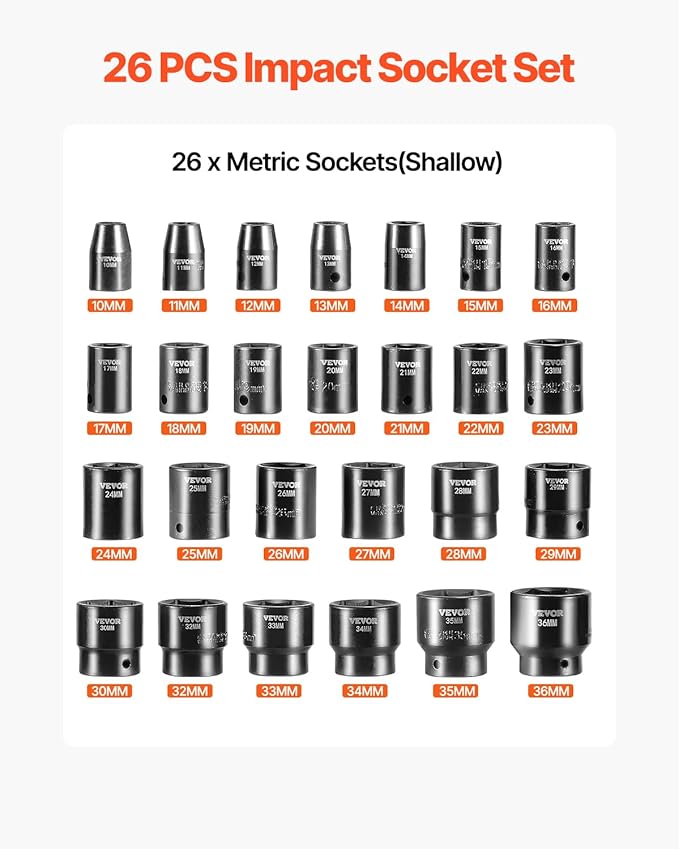 VEVOR 1/2" Drive Impact Socket Set 26-Piece, Metric (10-36mm) Sizes Standard Socket Set CR-V Material for High Durability Impact Wrench