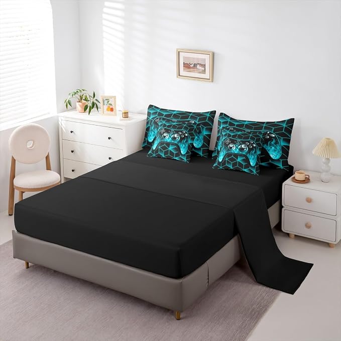Game Consoles 7 Piece Comforter Set Full Bed in a Bag,Neon Geometric Bedding Set,3D Geometric Gamer Comforter and Sheet Set Teal Flame Bed Set,Gaming Decor for Boys Bedroom Decor Gamer Gifts