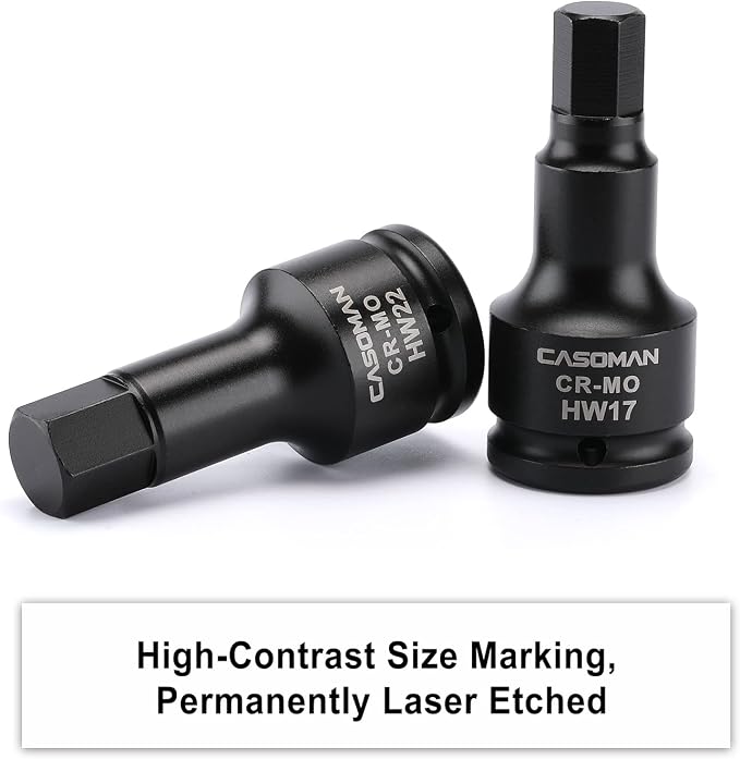 CASOMAN 3/4 Inch Drive Impact Hex Driver Set, 5-Pieces, Metric, 14mm, 17mm, 19mm, 22mm, 24mm, 3/4" Drive Master Impact Hex Bit Set, CR-MO, Impact Grade, One-Piece Construction