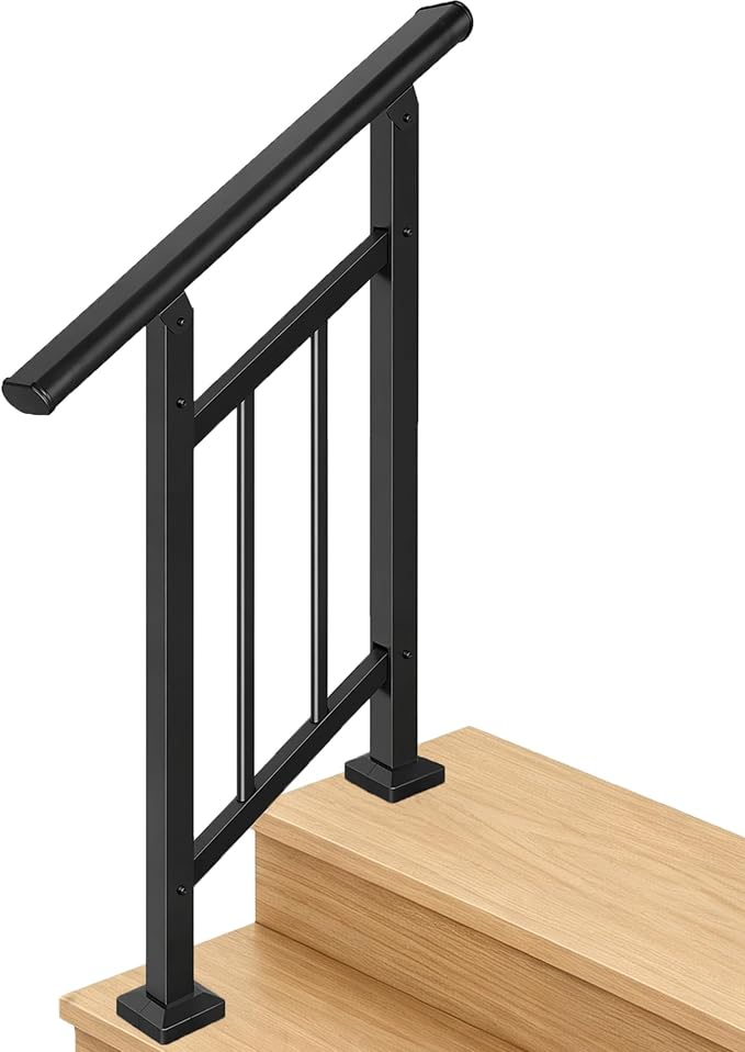 Hand Rails for Outdoor Steps，Stair Handrail & Indoor Stair Railing Kit，Railings for Outdoor Steps for Fence & Outdoor Steps (1, Black-with Balusters, 2 Step)