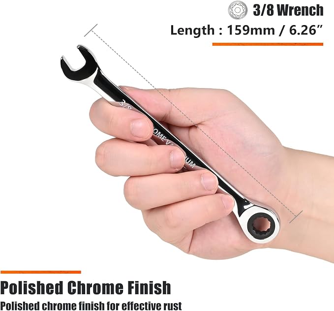 Egofine 3/8 inch Ratcheting Combination Wrench SAE, Industrial Grade Gear Spanner with 12-Point Design, 72-Tooth Ratchet, Chrome Vanadium Steel