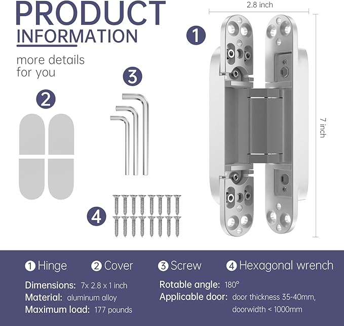 7" 2 pcs Hidden Hinges for Doors Invisible Hinges Concealed Zinc Alloy 180 Degree Swing 3 Way Adjustable Butt Silent Door Hinge 7 x 2.8 x 1 inch (White)