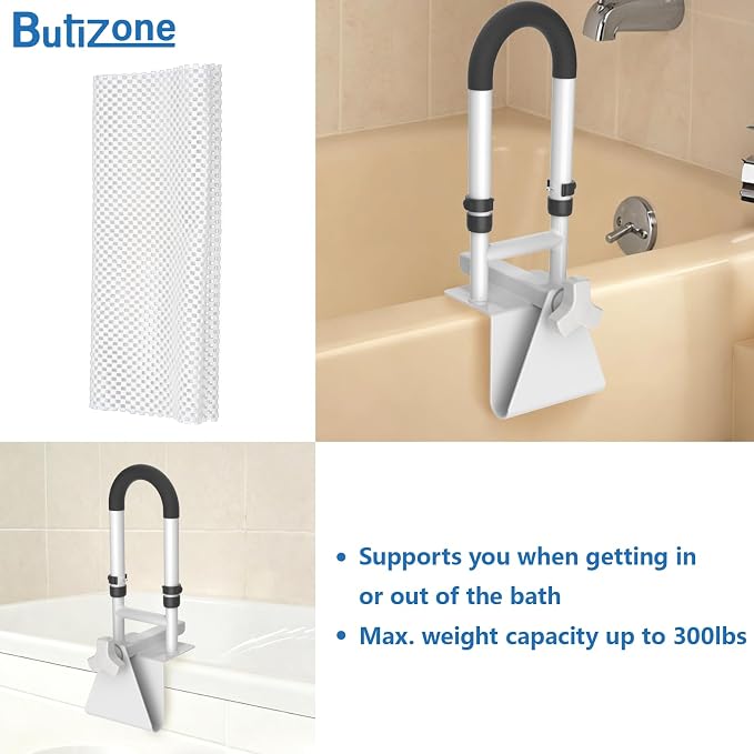 Butizone Adjustable Shower Grab Bars - Clamp-On Anti-Slip Bathtub Safety Rail for Elderly, Fits 3" to 7" Tub Walls, Supports Up to 300lbs