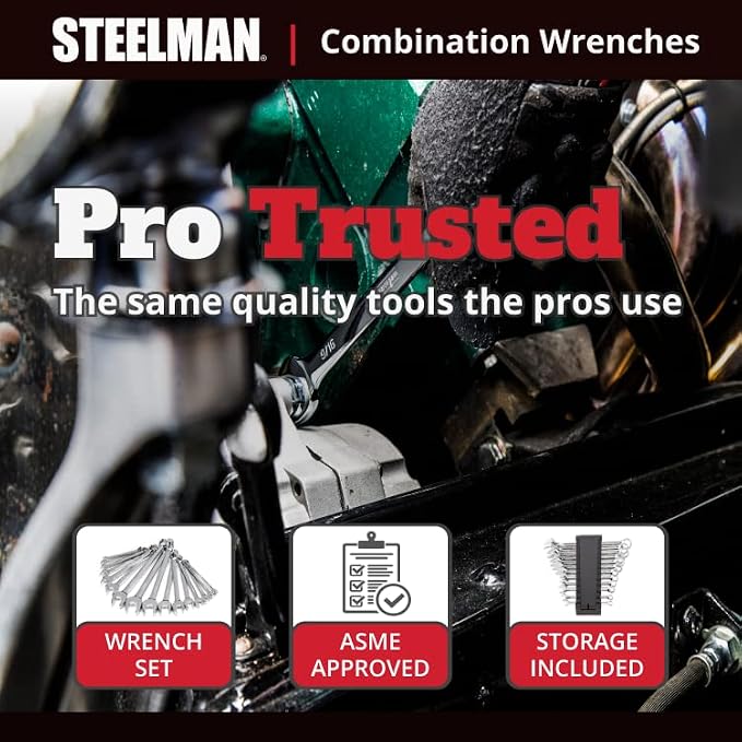 Steelman Pro 16-Piece Metric 6-Point Combination Wrench Tool Set, Durable Steel with Full Polish Chrome, Stamped Size Callouts