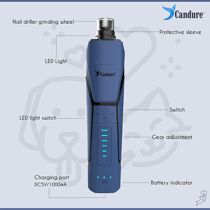 Candure Dog Nail Grinder Upto 6-Speed Dog Nail Trimmer for Large, Medium, Small Dogs, Cats & Pets - Low Noise Rechargeable Dog Claw Grinder with 360° LED Lights & Extra Grinder Head (Dark Blue)