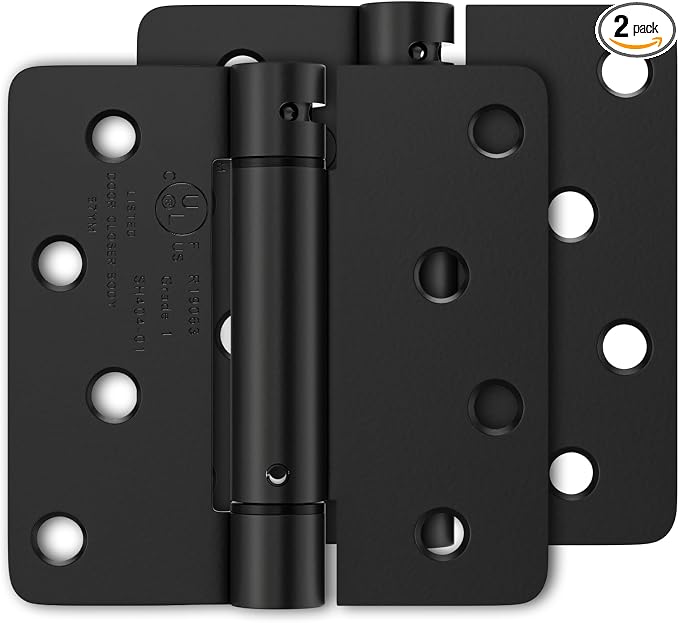 Luxbaro 2 Pack Self Closing Door Hinges 4 Inch, Matte Black Spring Loaded Hinges with 1/4'' Radius Corners, Adjustable Tension for Garage, Front Door, for Left and Right Hand Door, UL Listed