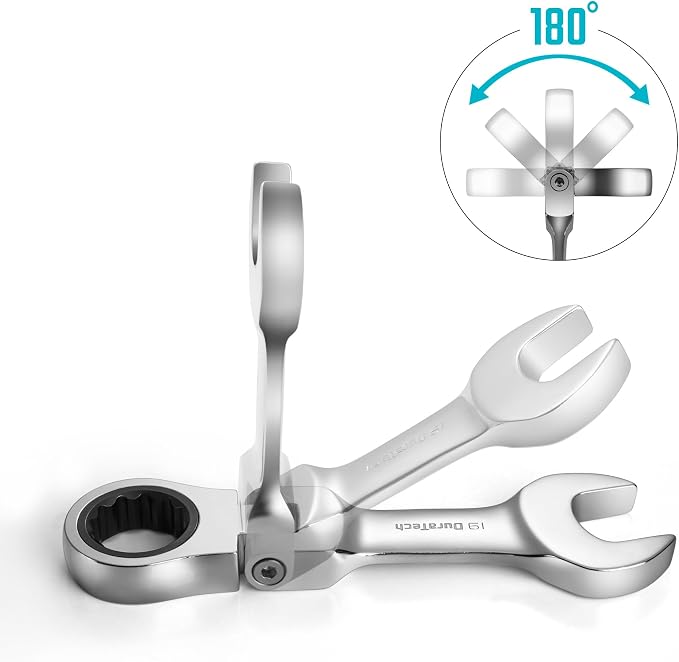 DURATECH Stubby Flex-head Ratcheting Wrench Set, Metric, 12-piece | 8mm-19mm, CR-V Steel, Corrosion Resistance, 72-Tooth, 5° swing arc, 180° Flexible, for Narrow Spaces, with Pouch