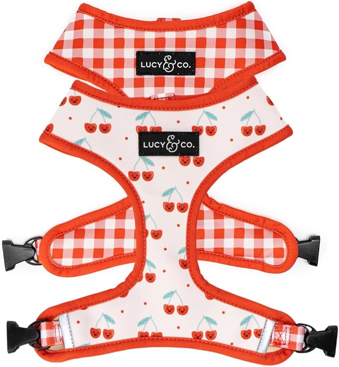 Lucy & Co. Reversible Dog Harness - Water-Repellent Neoprene, Dual-Print Design, Easy Swap Style, Adjustable Comfort Fit - Cheery Cherries Reversible Harness - X-Small