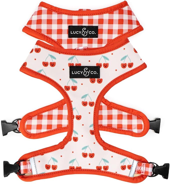 Lucy & Co. Reversible Dog Harness - Water-Repellent Neoprene, Dual-Print Design, Easy Swap Style, Adjustable Comfort Fit - Cheery Cherries Reversible Harness - Large