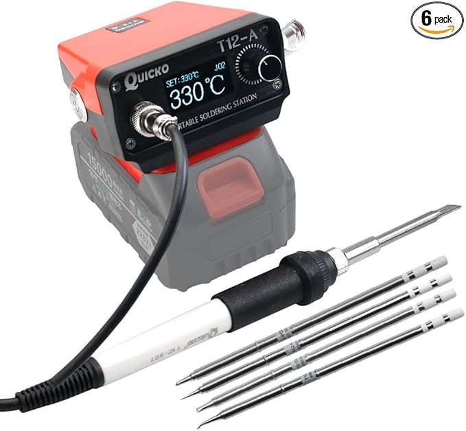 Cordless Soldering Iron Station,QUICKO T12 Soldering Station Fit for Makita Battery 18/20V,Sleep Immediately,Injection Mold,°C/ºF Conversion OLED (Battery Not Included) With 5pcs Solder Iron Tips