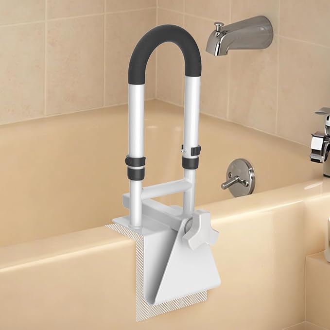 Butizone Adjustable Shower Grab Bars - Clamp-On Anti-Slip Bathtub Safety Rail for Elderly, Fits 3" to 7" Tub Walls, Supports Up to 300lbs