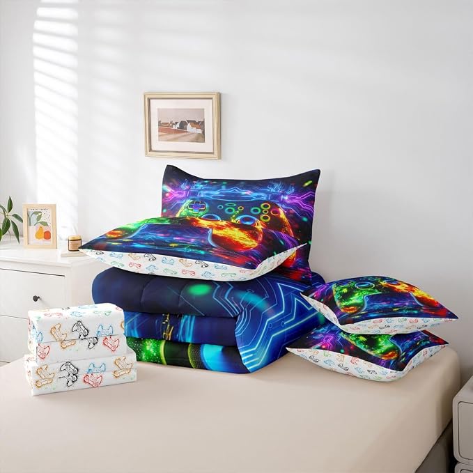 Erosebridal 3D Modern Gamer Comforter Set 7 Piece Bed in a Bag Twin | Gamer Controller Bedding Sets Geometric Neon Gaming Comforter and Sheet Set, Video Game Consoles Bed Sets,Boys Room Decor