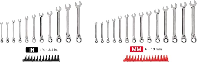 TEKTON 12-Point Ratcheting Combination Wrench Set, 25-Piece | WRC94304 | (1/4 - 3/4 in., 6 - 19 mm), 12-Point, Satin Chrome Finish, Modular Organizer