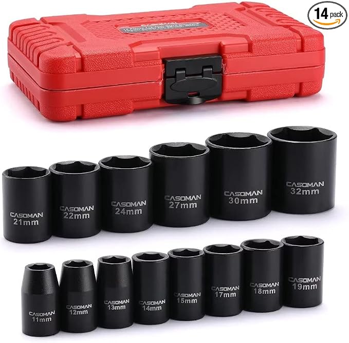 CASOMAN 14 Pieces 1/2-Inch Drive Shallow Impact Socket Set, Metric, 6-Point, 11mm to 32mm