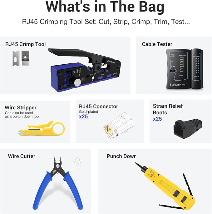 VCELINK RJ45 Crimp Tool Kit for CAT7, Upgraded Network Tool Set with Ethernet Crimper, Cable Tester, 25 RJ45 End & Boots, Cable Tester, Cutter, Stripper and Keystone Puncher in a Cloth Bag, Blue
