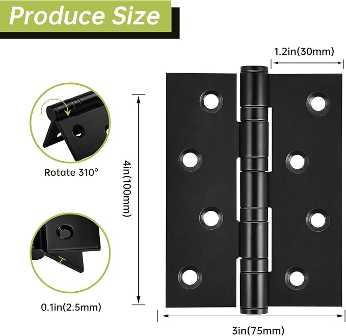 6-Pack Black Door Hinges, 4 Inch Heavy Duty Stainless Steel Hinge for Interior Exterior Doors, Max Loading 150LB, Matte Black Ball Bearing Hinges with Screws, Smooth and Quiet
