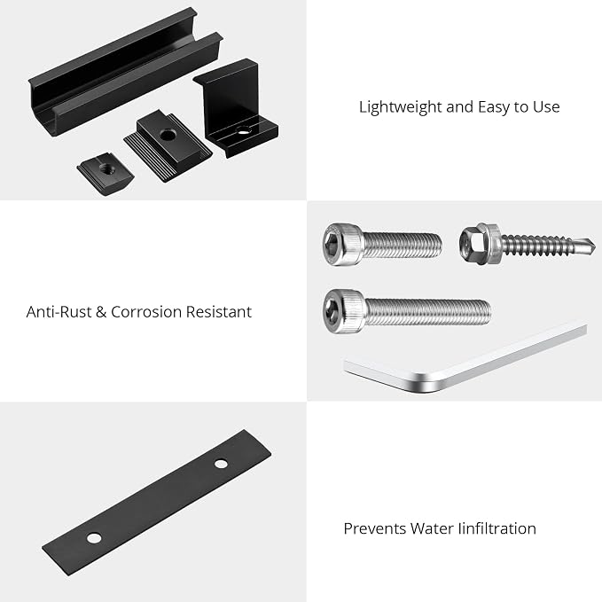 Anbte Solar Panel Mounting Brackets for Roof, Aluminum Solar Rails, Black | Solar Panel Mounting Kit For 4 Panels, Included 10 X 4.72 In Rails+4 X 1.57" End/Mid Clamps +1 Wrench, For Roof, RV, Boat