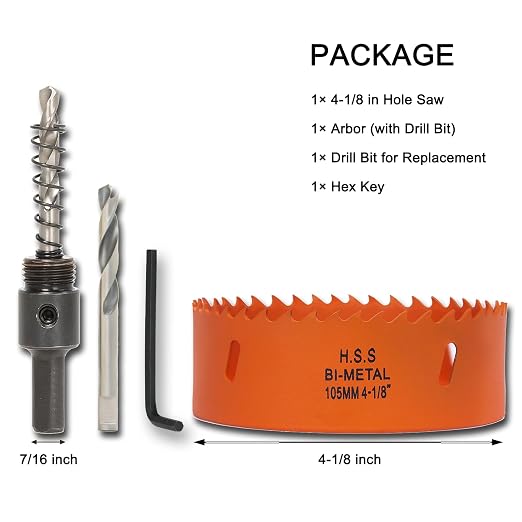 4-1/8 inch Hole Saw with Arbor for Metal Wood Plastic, 4-1/8 in Bimetal Hole Cutter for Different Project with Smooth and Flat Drilling Edge, Fast Chip Removal