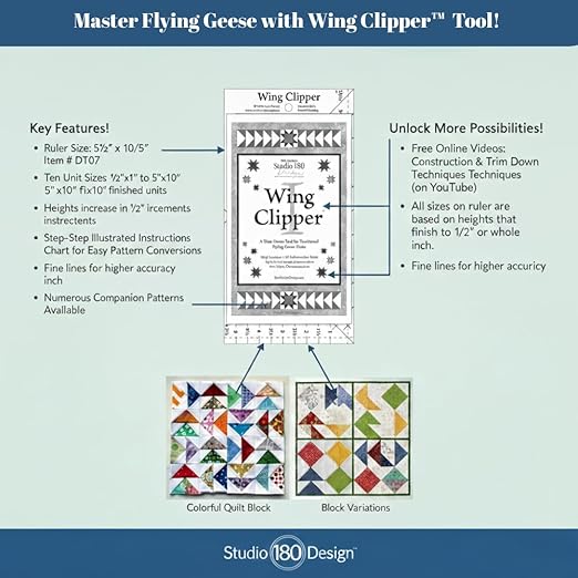 Studio 180 Design | Deb Tucker’s | Wing Clipper™ Quilting Tool – Trim Down for Perfect Flying Geese Units Every Time | 10 Sizes, Oversize & Trim Method, Acrylic Ruler