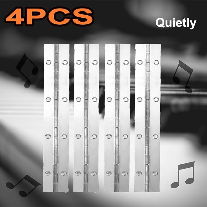 4Pcs Continuous & Piano Hinges, 12Inch 1.2'' Open Width, Silver Heavy Duty, Stainless Steel, 0.04'' Folding for Storage Boxes, Cabinets, Door, Piano, Wood Furniture