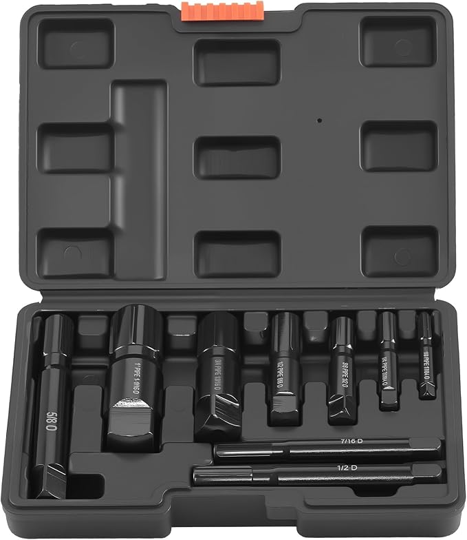 VEVOR Pipe Extractor Set, 9 Pieces Heavy Duty Steel Broken Pipe Extractors, with Solid Storage Case, Cr-Mo Steel for Removing 1/8" to 1" Damaged Threaded Pipes and Fittings, for Plumbers Mechanics DIY