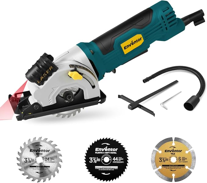 Enventor 4.8A Mini Circular Saw Corded with Laser Guide, 3 Saw Blades | 3-3/8" Power Electric Circular Saw Compact for Wood, Soft Metal, Tile, Plastic, Max Cutting Depth 1-1/16"