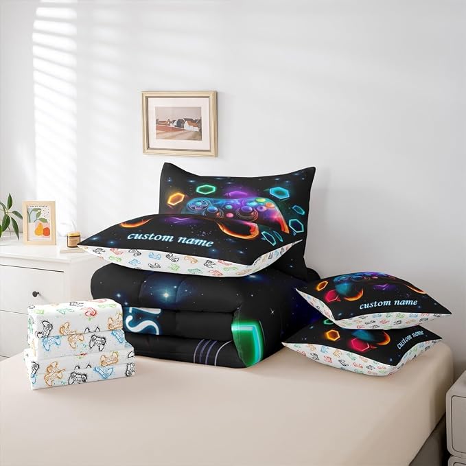 Custom Name Game Consoles Boys Comforter Sets Twin Bed in a Bag 7 Piece Gamer Gifts,Customized Gaming Twin Comforter Set for Boys Space Geometric Bedding Sets Red Blue Teal,Boy Bedroom Decor