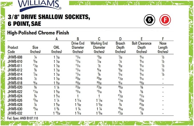 Williams B-626 3/8 Drive Shallow Socket, 6 Point, 13/16-Inch