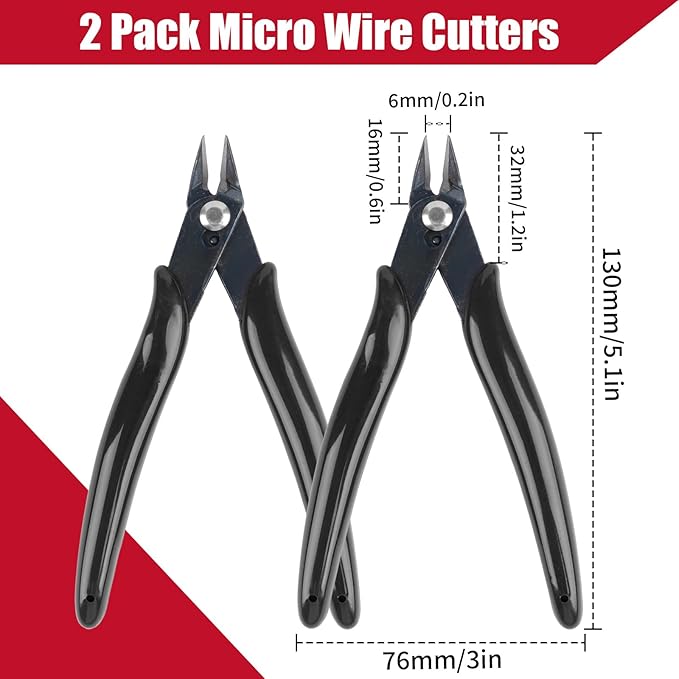 2 Pack Micro Wire Cutters, 5 Inches Flush Cutters Pliers, Diagonal Side Cutters Nippers, Zip Tie Sprue Cutter for Electronics, Plastic Models, Jewelry (Black)