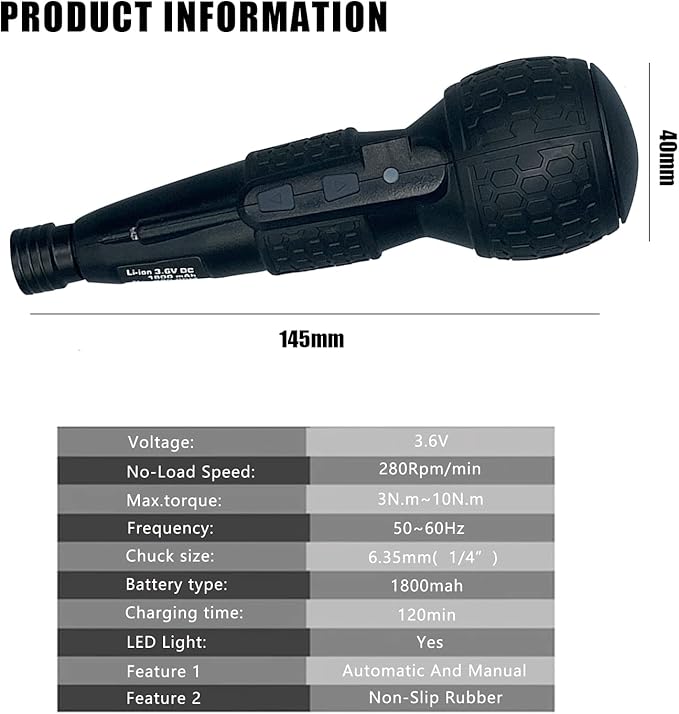 3.6V Cordless Electric Screwdriver Rechargeable portable Mini Rotary Home Gadget，Automatic Manual all in one with LED Light and USB-C Charging Cable BLACK