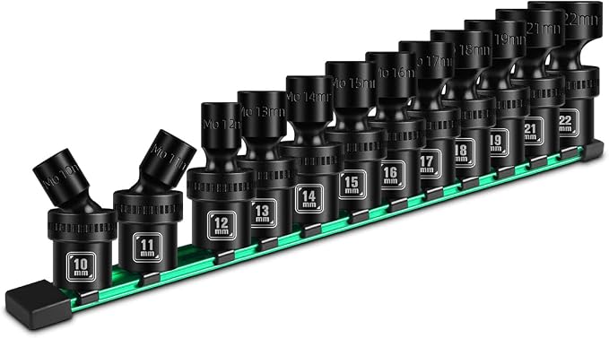 BLACKROBOT 3/8" Drive Shallow Universal Impact Socket Set, 12PCS 6 Point Metric Swivel Socket set(10-22mm), CR-MO Steel, Includes Storage Rail